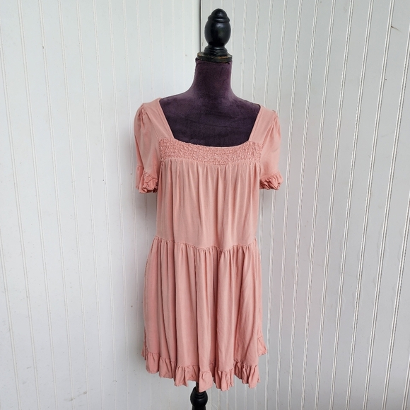 Altar'd State Women's Boho Dusty Rose Smocked Short Sleeve Mini Dress Size S - Picture 1 of 11